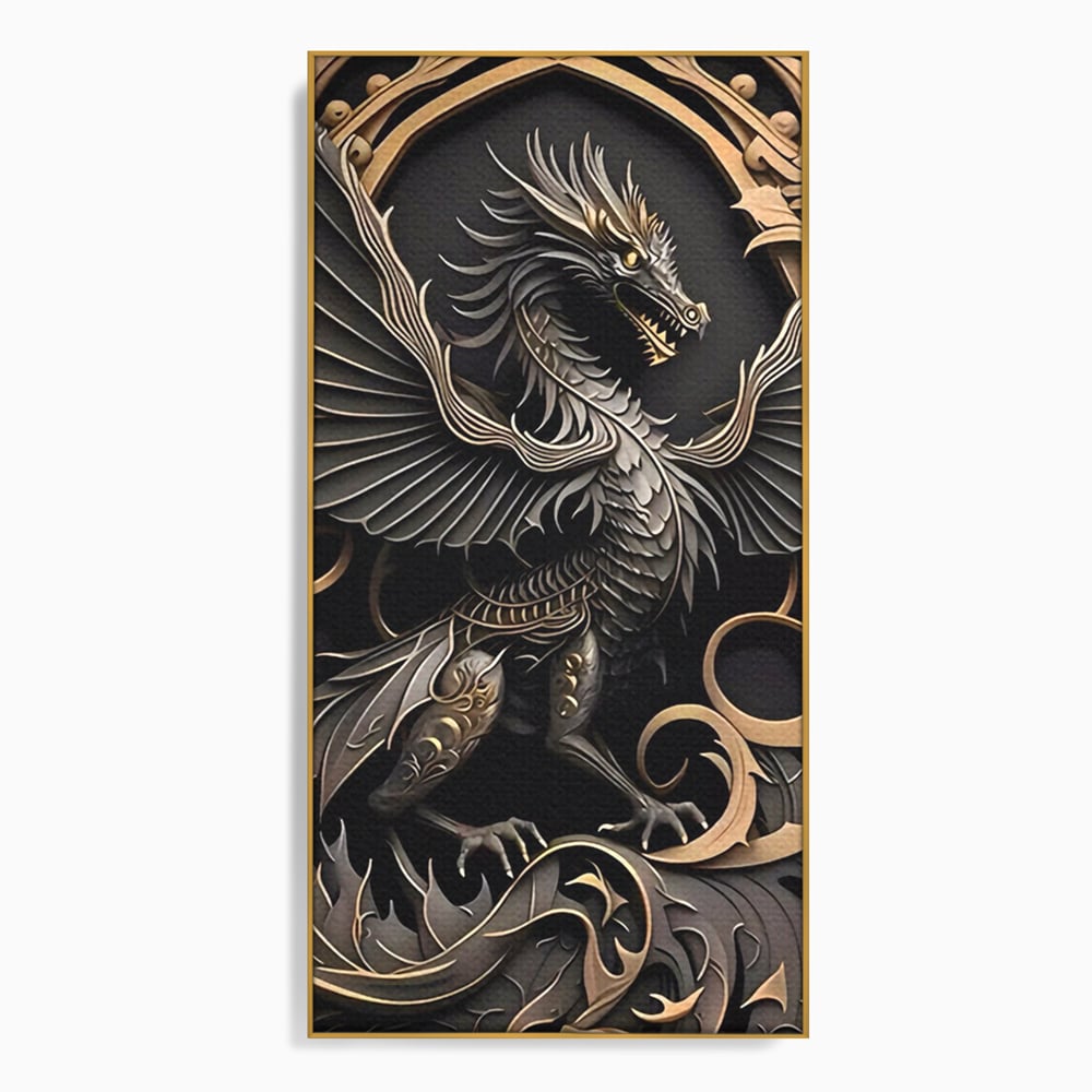 Tablou canvas cu ilustratie digitala cu dragon mitic, in rama de aluminiu auriu